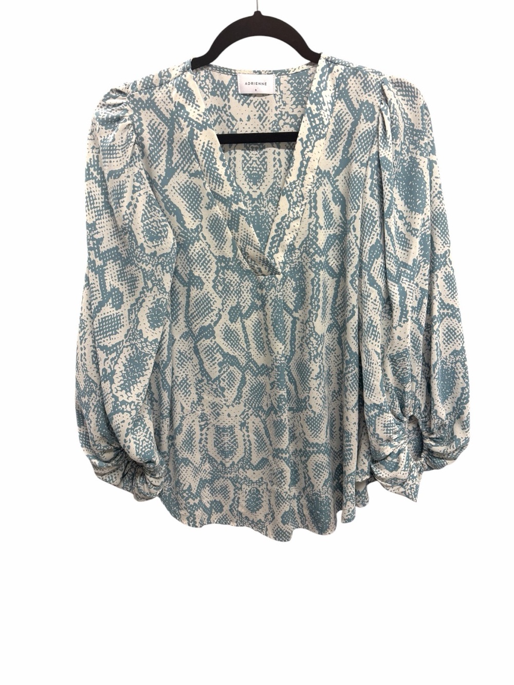 Anthro Adrienne Animal Print Blouse Blue Ivory Snake V-Neck Puff Sleeve Small